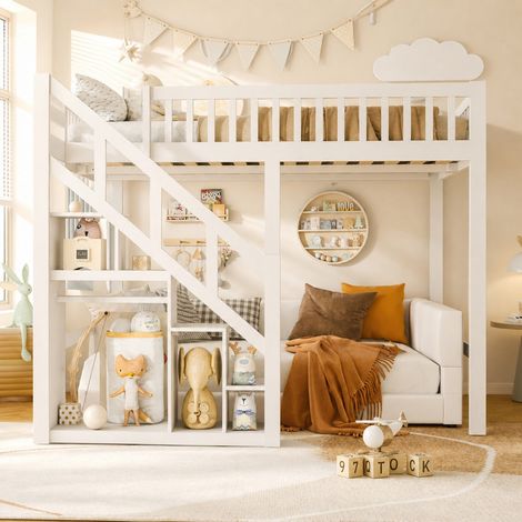 Lit mezzanine enfant 90x200 cm avec escalier et rangement, sommier à lattes, garde-corps de sécurité, lit surélevé en bois blanc pour chambre enfant