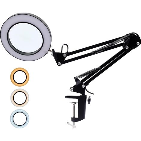 Lampe Loupe LED, Lampe de Bureau Loupe 5X avec Pince, 3 Modes de Couleur et 10 Dimmable Lumière, USB Alimentée, 370mm Bras Pivotant en Métal Réglable (Noir, 12W) (1/5)