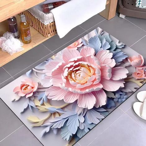 Rutschfester und superabsorbierender Diatomeen-Badematte – Schmutz- und verschleißfester Badezimmer-Vorleger, Ölgemälde-Motiv (rosa Pfingstrose), 60 x 90 cm-lsw