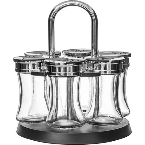Set 6 Barattoli Portaspezie Organizer 8 cl Vetro e Acciaio Cromato Supporto Rotante Stand Organizer con Spargitore per Spezie ed Erbe  Sale e Pepe Cucina con Maniglia di Trasporto per Banco Cucina e T (1/5)