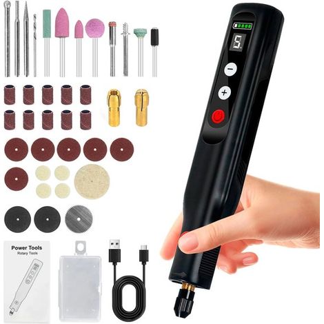 Akkubetriebenes Rotationswerkzeug 5 Geschwindigkeitsstufen, LED Anzeige 39 Zubehörteile zum Schleifen, Polieren, Bohren, Gravieren und für 3D Dru (1/5)