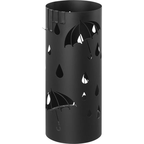 Schirmständer, Regenschirmständer, rund, Metall, mit 4 Haken, herausnehmbare Wasserauffangschale, 17 x 41 cm, Flur, Schwarz (1/5)