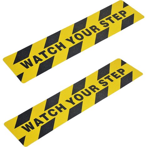 Lot de 2 15 x 60 cm Panneaux de sécurité Bandes Adhésives Antidérapantes Avec Inscription Watch Your Step