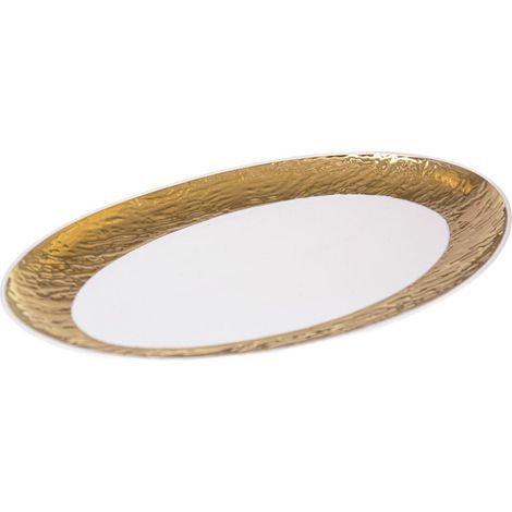 Plat de service ovale en porcelaine blanc et doré pour présentation de table 36,5 x 23 cm - PANGIVO (1/3)