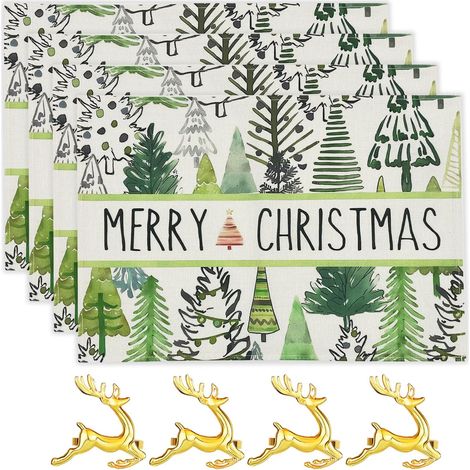 Set de Table de Noël, Table Lavables, Sets Table pour Petit Déjeuner 45x30 Cm, Décoration De Table, Sets De Table Imprimés en Coton et Lin pour Fête (4 sapins de Noël + 4 Boucles de Serviettes) (1/5)