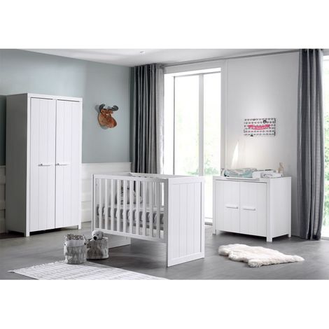 Pack - Lit Bébé 60x120cm, Commode & Armoire "Erik I" Blanc (1/4)
