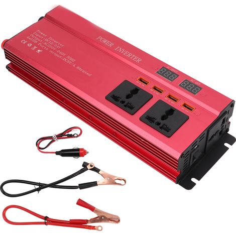 Convertisseur de tension voiture rouge 12V/24V CC vers 220V CA 900W nominal écran LED 3 prises secteur 4 ports USB pour camping voyage (1/5)