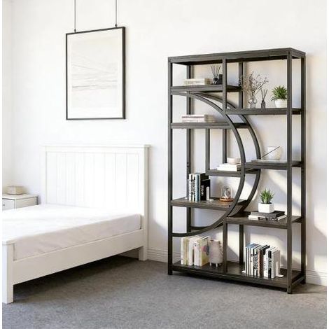 Bibliothèque noire en métal et bois à 9 niches au design géométrique (1/4)
