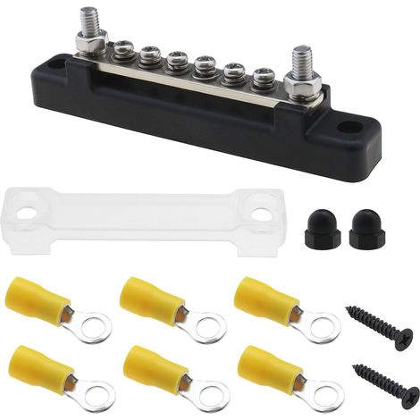 Borniers d'alimentation de Barre Omnibus 150A avec Boulons M6 Bornes à Vis M4 12-48V DC Bloc de Distribution de Masse d'alimentation Couvert à Une Rangée avec Cosse à 6 Fils pour Automobile (1/5)