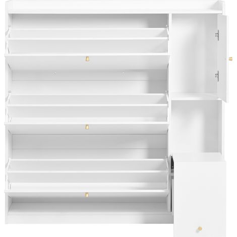 Meuble à chaussures blanc 3 abattants, banc rabattable et compartiment latéral 119 x 24 x 122 cm (1/5)