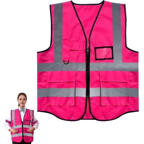 Gilet de sécurité haute visibilité rose avec poches pour adultes, hommes et femmes (1/5)