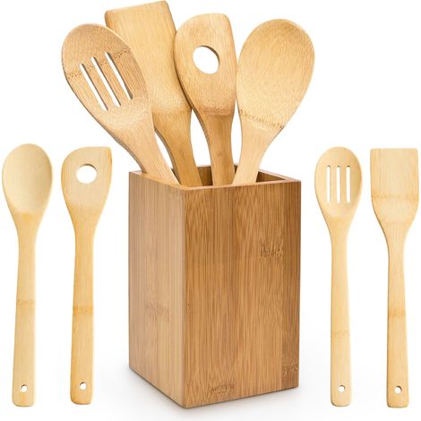 Relaxdays Bamboo 5-Piece Cooking Spoon Utensil Set of 30 cm Long with Wooden Holder and Wooden Spoons and Spatulas for Cooking with Stand of 16 x 10 x 10 cm and Kitchen Utensils, Natural Brown (1/5)