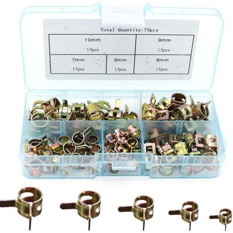 Colliers de Conduite de Carburant, 75 Pièce Colliers de Serrage à Ressort Tuyau de Carburant Conduite D'eau Colliers de Serrage de Printemps Air Tube Colliers de Serrage Attaches Assortiment kit (1/4)