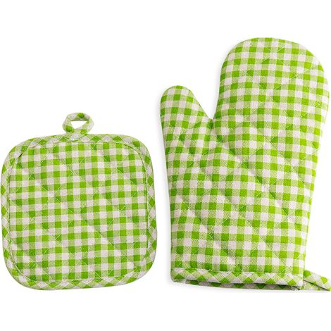 2 Gants de four et maniques pour cuisine et pâtisserie, motif tartan vert : set de gants matelassés réversibles, lavables et résistants à la chaleur (1/5)