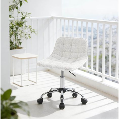 Sgabello basso girevole, seduta regolabile, schienale ergonomico, in chenille e metallo bianco (1/5)