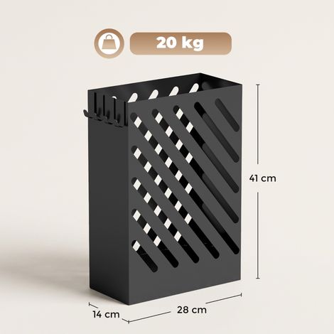 Porte-parapluies métal avec récupérateur d'eau, 4 patères, 28x14x41 cm, noir, idéal entrée couloir (1/5)
