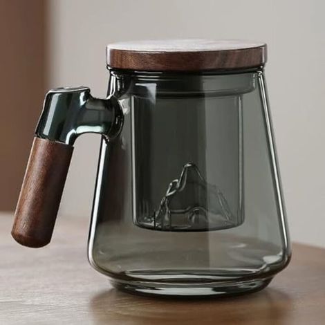Tasse à thé en verre avec couvercle et passoire, 500 ml, grande tasse à thé avec anse en bois, mug à thé en verre borosilicate avec passoire pour thé en vrac/amateurs de thé/cadeaux p