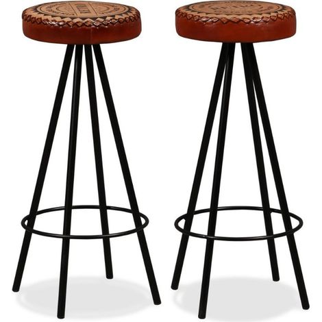 Tabouret cuir marron imprimé et pieds métal noir Eal - Lot de 2 (1/2)