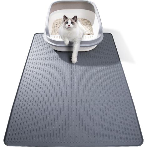 Tapis de litière en silicone pour chat, 71,1 x 50,8 cm, imperméable, tapis d'alimentation pour chats avec bords surélevés, design à nettoyage rapide (gris) (1/5)
