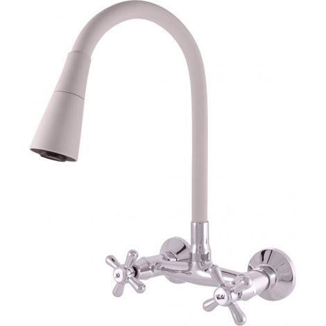 Mélangeur évier mural flexible à mémoire de forme blanc MORAVA RETRO en laiton chromé (1/5)