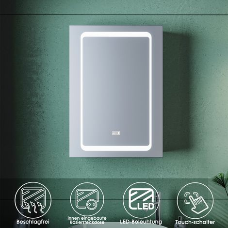 SONNI LED Spiegelschrank Aluminium mit Beleuchtung mit Touch Steckdose Beschlagfrei Badspiegel kabellosem Scharnier Design 50x70cm IP44 energiesparend (1/5)