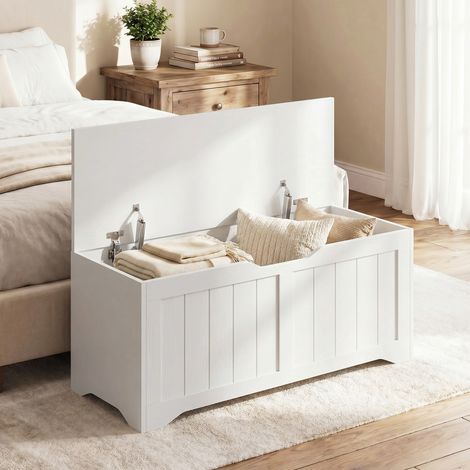Coffre de Rangement 136 L, Banc Coffre avec 2 Charnières de Sécurité et Design Sans Poignée, 100 x 40 x 45 cm, Blanc (1/5)