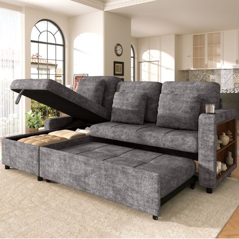 Sofá cama extensible de 3 plazas con chaise longue y almacenaje, chenilla gris, 201,3 cm (1/5)