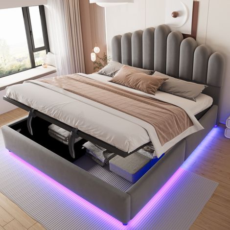 Cama tapizada 180x200 cm gris en terciopelo con almacenaje hidráulico y LED (1/5)