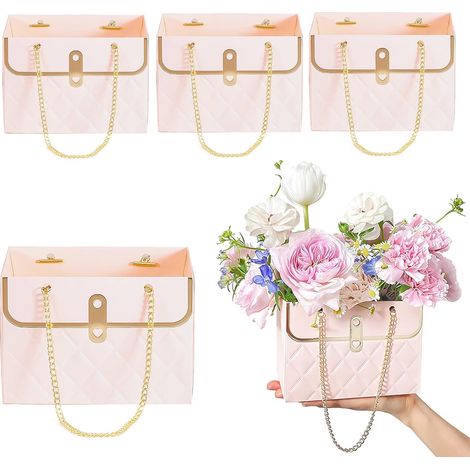 Lot de 4 boîtes cadeaux en papier pour fleurs avec chaînette en métal, nouveauté 2023, seau de rangement pour bouquets, sac de fleuriste, pochette cadeau pour mariage, Saint-Valentin, anniversaire, fê (1/5)
