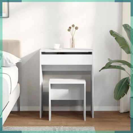 Coiffeuse et tabouret - 848213 - blanc - bois d'ingénierie et verre - 60 x 40 x 113,5 cm (1/5)