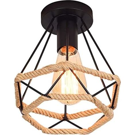 ZOLGINAH Rétro Vintage Plafonnier Industrielle Cage en forme Diamant en Métal avec corde de chanvre Fer Lustre Suspension Luminaire pour Salon Salle Chambre Décorer Maison(20cm) [Classe énergétique A+ (1/5)