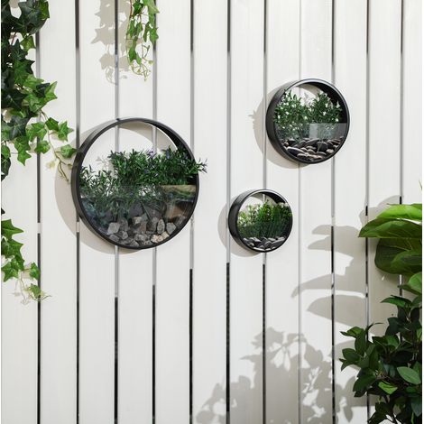 Jardineras murales de 3 piezas en acero negro, Ø30,5 x 5 cm, para fijar a la pared OKMYHOME (1/5)