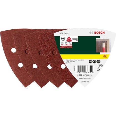 Set di fogli abrasivi per levigatrici a delta, 105 mm, grane 60, 120, 180, con 6 fori, confezione da 25 (1/5)