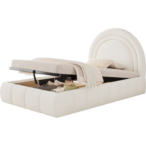 Lit Coffre Enfant 90 x 200 cm en Bouclé, Lit Simple avec Tête de Lit Rembourrée, sans Matelas, Beige (1/5)