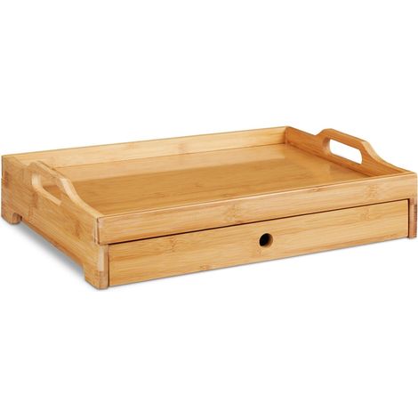 Plateau de service rectangulaire avec tiroir pour petit-déjeuner 40 x 30 x 7 cm en bambou marron (1/4)