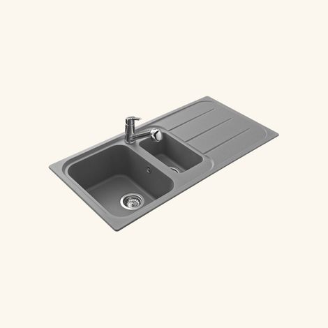 Évier granit gris 100x50 cm à encastrer – 1 bac 1/2 réversible avec égouttoir – Bonde et siphon inclus – Pour meuble sous évier 60 cm – EWI (1/5)