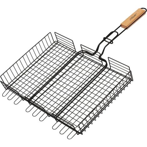 Grille de barbecue avec poignée en bois, verrouillable, 25 x 30 cm, grille de rechange pour barbecue double, acier avec revêtement en téflon (1/3)