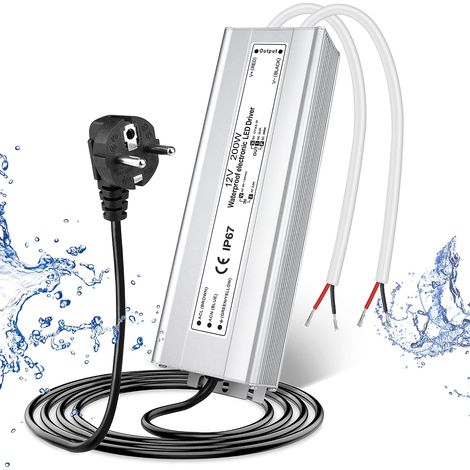 Alimentation 12V 16,7A 200W IP67, Transformateur 220V 12V Étanche avec Prise, Convertisseur AC 220V vers DC 12 Volts, Transfo pour Bandes, Lampes et Projecteurs (1/5)