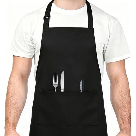Tablier Cuisine Homme, Étanche avec 2 Poches, Tablier cuisine Femme Réglable avec de Longues Lanières, Professionnel Tabliers Homme Femme, Barbecue, Restaurant, Café, Jardinage, Serveurs (1/5)