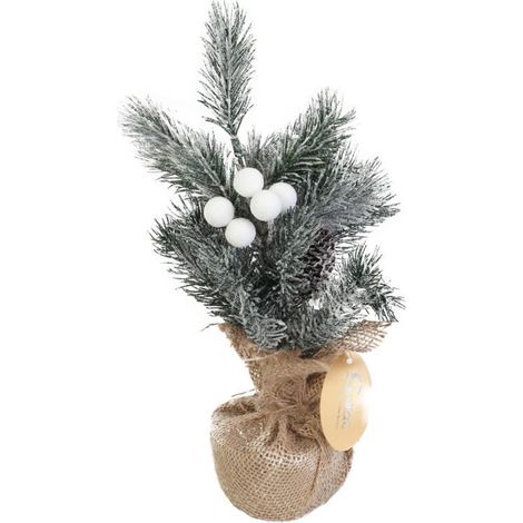 Árbol de Navidad cubierto de nieve, hecho de yute con decoración, 28 cm.
