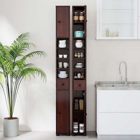 Narrow bathroom cabinet with 2 doors, 1 drawer, and adjustable shelves. Bathroom cabinet, dark brown. (1/5)