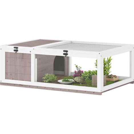Abri enclos terrarium habitat pour tortues de jardin avec 2 zones de vie 91 x 60,5 x 32 cm bois brut marron clair (1/5)