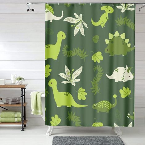 Rideau de douche dinosaures style enfant décoratif, tissu salle de bain imperméable, 180x180 cm (1/5)