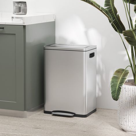 Poubelles poubelle avec couvercle et pédale 2 compartiments 20 litres acier inoxydable argent style élégant