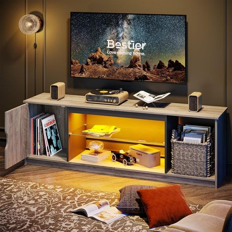 Support TV LED de 145 cm pour TV de 55/60/65" avec Armoire, Moderne, avec étagères en Verre réglables, pour Salon, Chambre à Coucher (1/5)