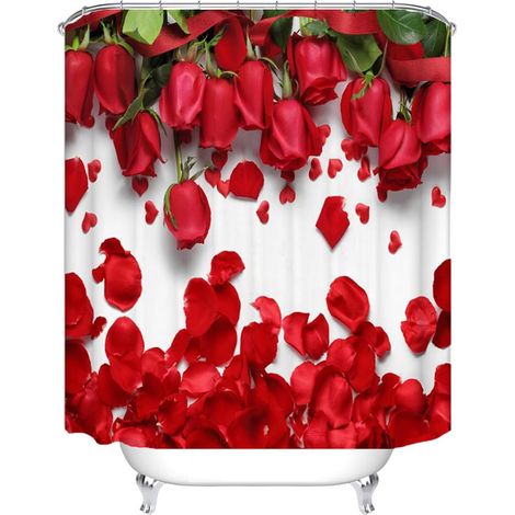 Rideau de douche en polyester imprimé 3D , motif roses rouges . Séchage rapide . Élégant et charmant