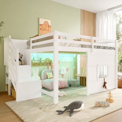 Hochbett 140x200 cm Weiß aus Kiefernholz und MDF mit Stauraumtreppe, Fenster und LED-Beleuchtung (1/5)