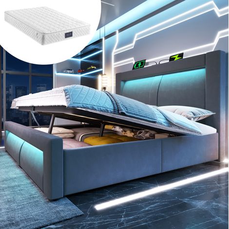 Cama con almacenamiento 140x200 cm con LED y puertos USB y Type-C, cabecero curvo en terciopelo gris, colchón incluido (1/5)