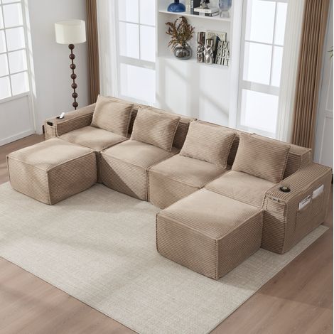 Divano modulare a 4 posti in velluto a coste con 2 pouf, portabicchieri e tasche, tortora (1/5)