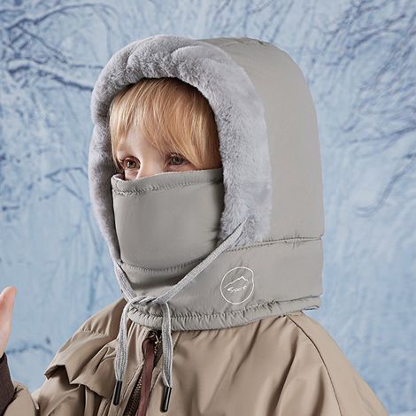 DigitalLAB-Cagoule thermique d'hiver (1 pièce) pour enfants de 4 à 10 ans, masque multifonctionnel en polaire pour le ski et le vélo, ajustable et coupe-vent, avec cache-cou intégré, gris clair. (1/2)